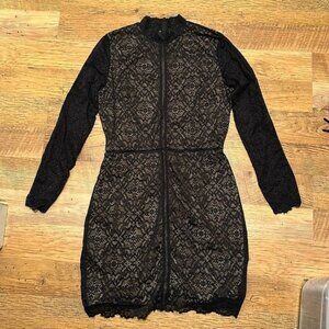 Wilfred Black Lace Mock Neck Fitted Dress Sheer Long Sleeves EE